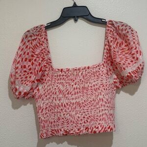 pink Red and White Smocked Puff Sleeve Top